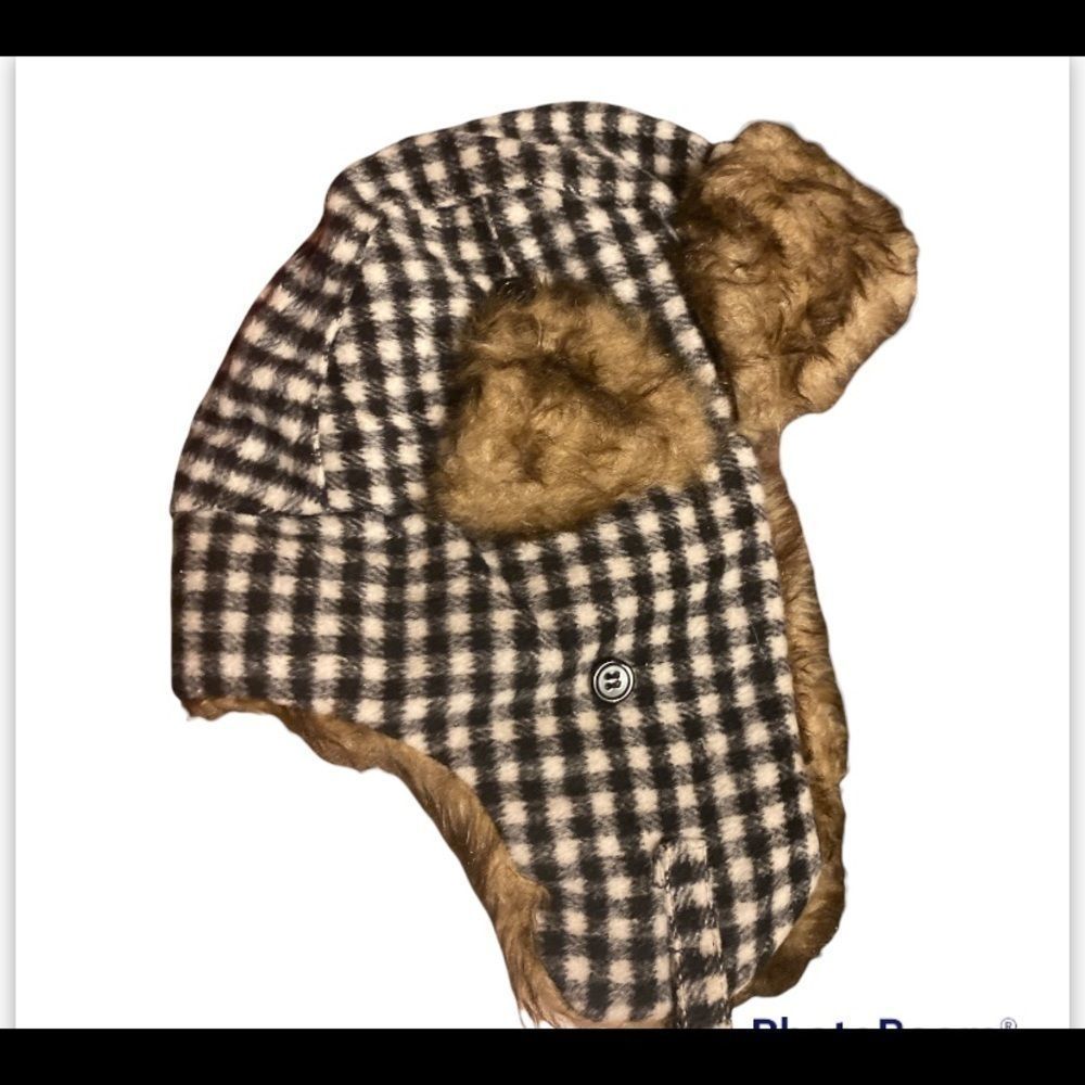 Faux fur  black & white plaid unisex trapper hat  winter collection size L/XL